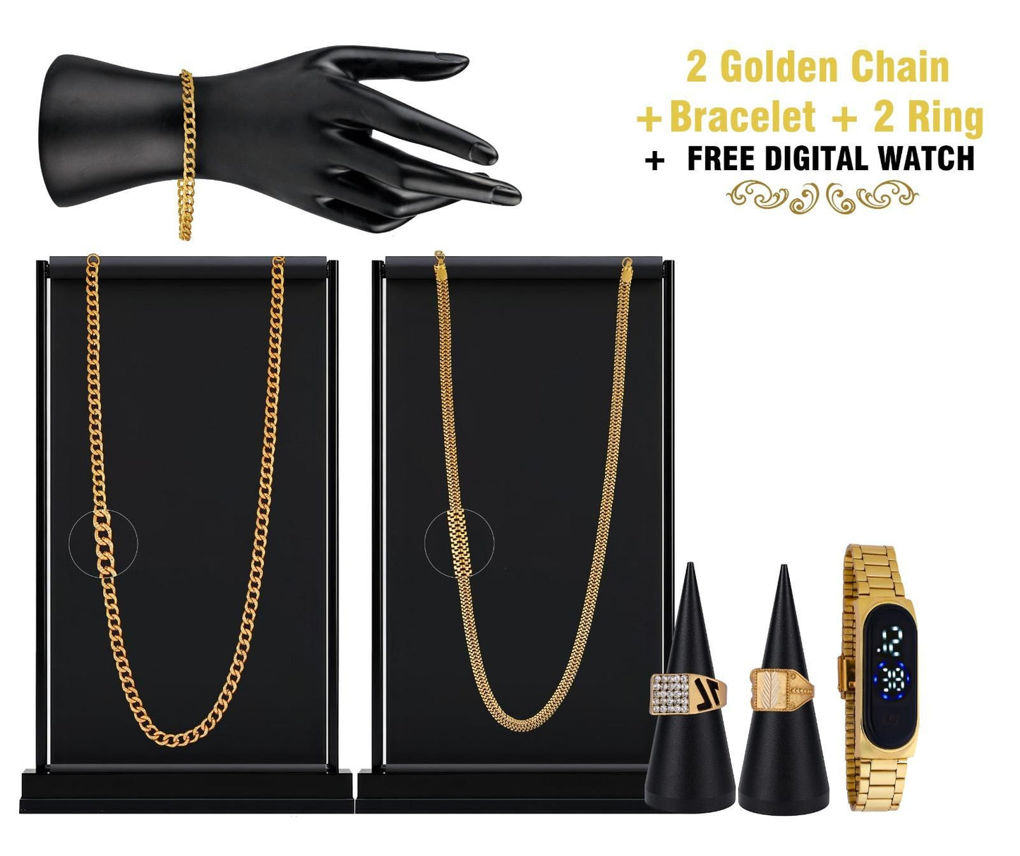 Combo of 2 Chain + 1 Bracelet + 2 Ring with 1 Free Digital Watch